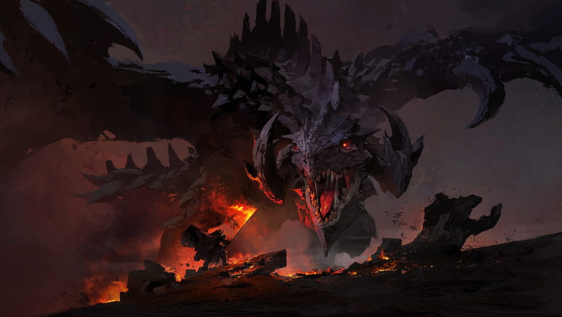 giant dragon, warrior, fire, flames, artwork, Fantasy, HD wallpaper