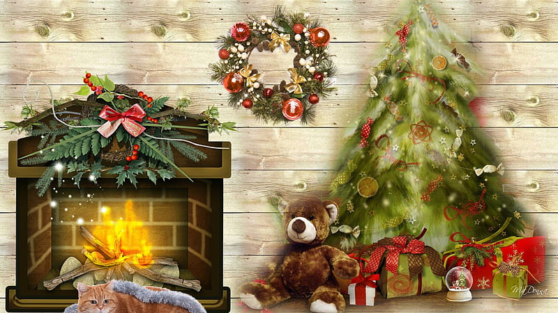 Warm Christmas Evening, wreath, feliz navidad, warm, cozy, christmas, kitty, gift, cat, fire, fireplace, tree, presents, teddy bear, HD wallpaper