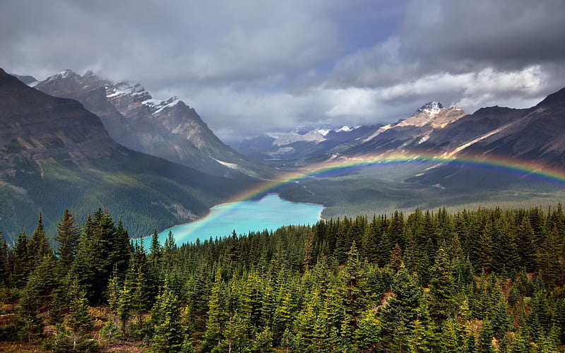 mountain glacial lake, rainbow, mountain landscape, forest, Canada, HD wallpaper