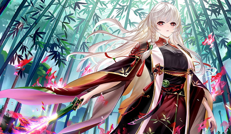 anime girl, white hair, forest, katana, japanese outfit, red eyes, Anime, HD wallpaper