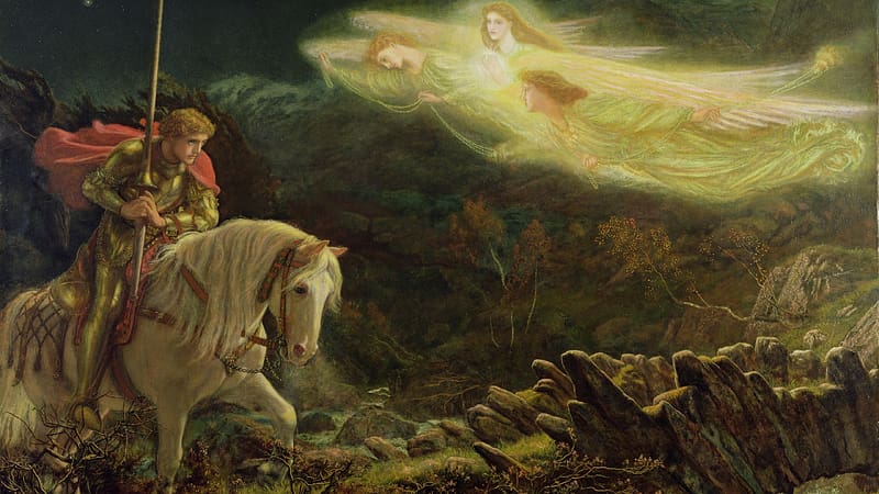 Sir Galahad in search of Holy Grail by Arthur Hughes, man, art, arthur hughes, sword, holy grail, horse, HD wallpaper