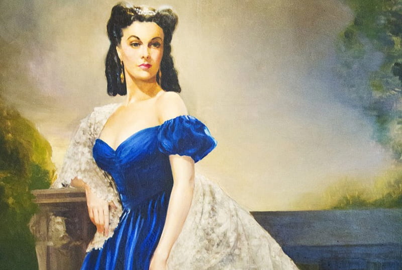 Scarlett O'Hara, gone with the wind, costume, velvet, lace, bonito, woman, fantasy, actress, painting, beauty, gorgeous, blue, art, vivien leigh, gown, girl, digital, scarlett, portrait, HD wallpaper