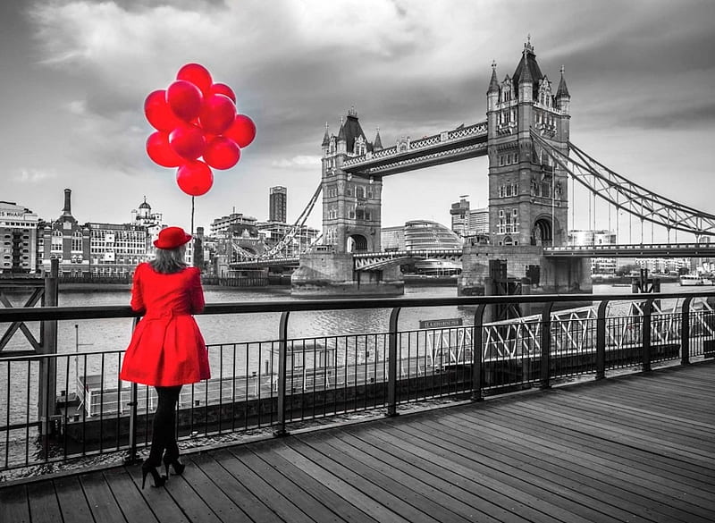 Tower Bridge, red, thames, red coat, black and white, balloon, water, bridge, tower, london, landmark, river, HD wallpaper