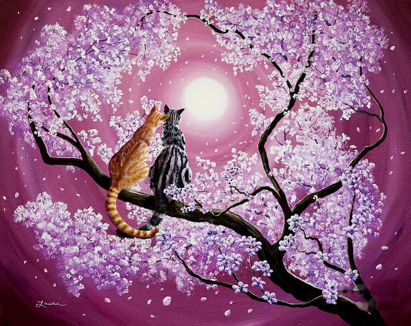 Tabby Cats in Cherry Blossoms, digital, tree, kitties, artwork, HD wallpaper