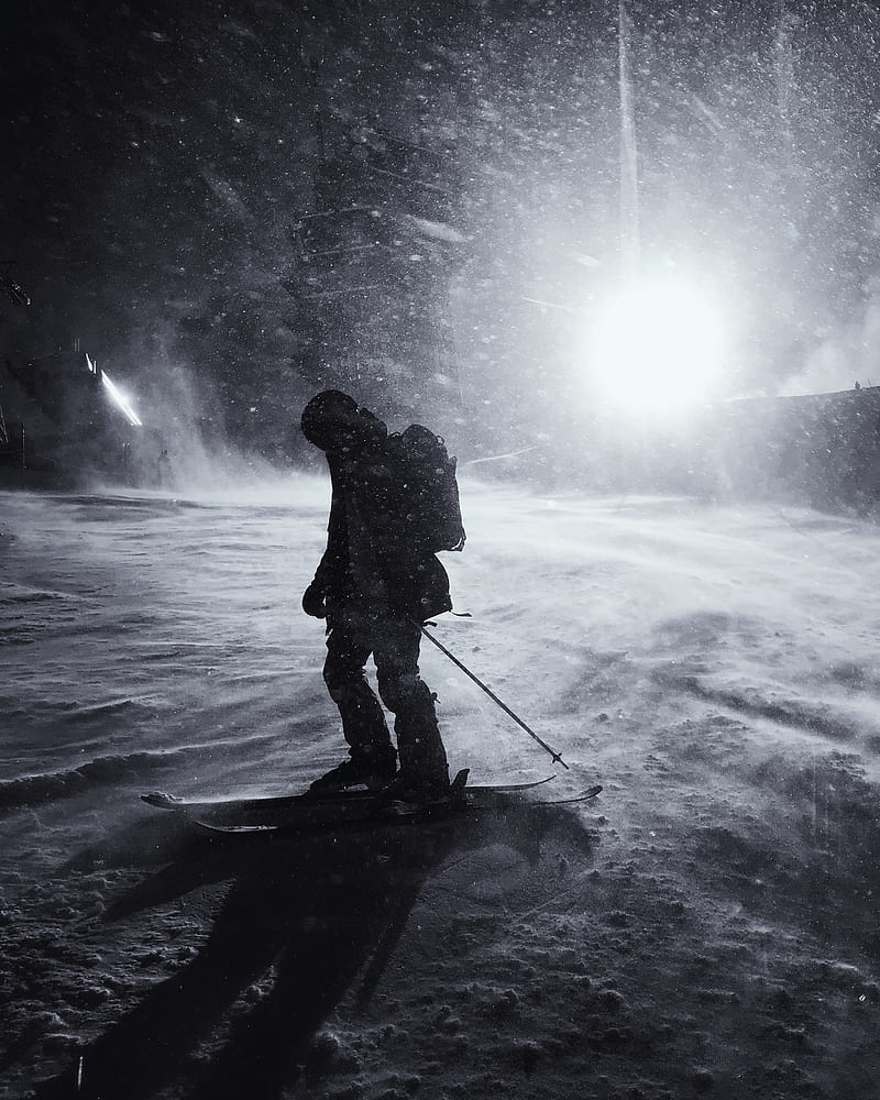 silhouette, skier, skiing, snow, night, HD phone wallpaper