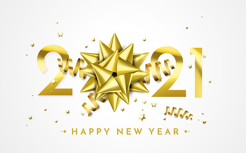 Happy New Year 2021 gold silk bow, 2021 gold background, 2021 concepts, 2021 background with gold bow, 2021 New Year, gold letters, HD wallpaper