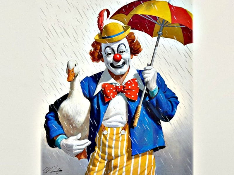 Clown with umbrella by Arthur Saron Sarnoff, art, umbrella, yellow, bow, goose, hat, clown, bird, Arthur Saron Sarnoff, funny, white, blue, HD wallpaper
