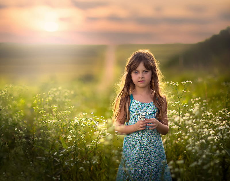 Sweetness, sun, sunset, adorable, kid, splendor, girl, flowers, beauty ...