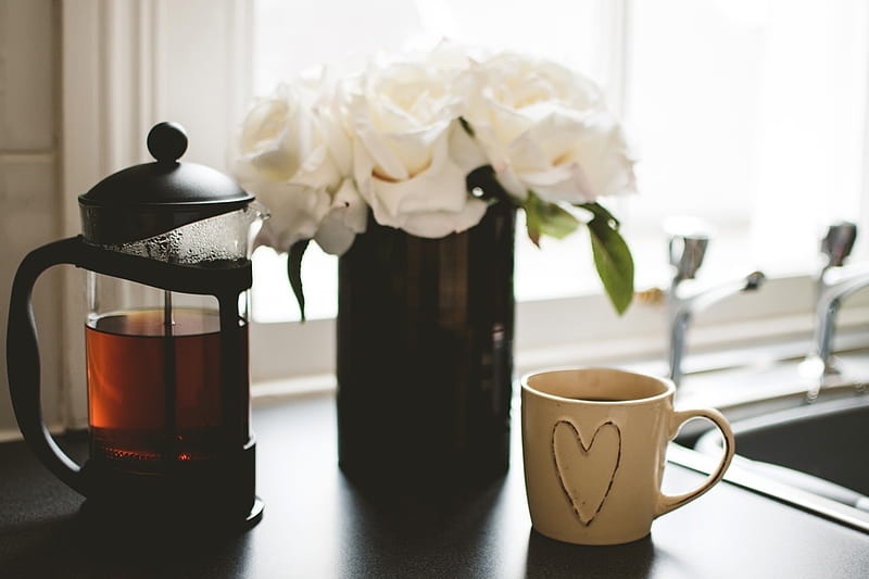 Coffee break, Coffee pot, Vase, Coffee, White, graphy, Cup, Roses, Flowers, HD wallpaper