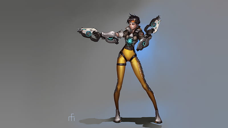 Overwatch - Tracer, overwatch, tracer, characters, video games, gray background, weaponry, HD wallpaper