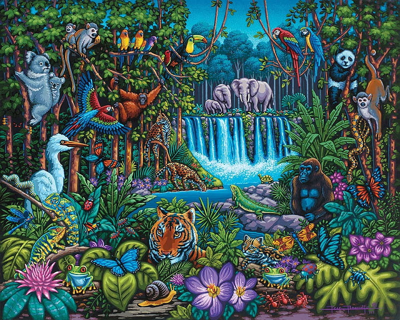 Wild Jungle, elephants, monkeys, birds, tiger, trees, artwork, painting, waterfall, flowers, parrots, HD wallpaper