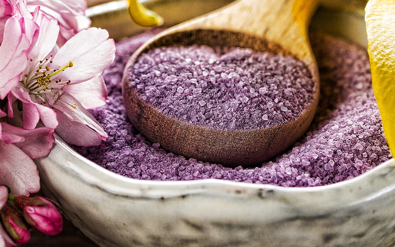 purple spa salt, wellness, spa accessories, spa, wooden spoon, spa salt, HD wallpaper