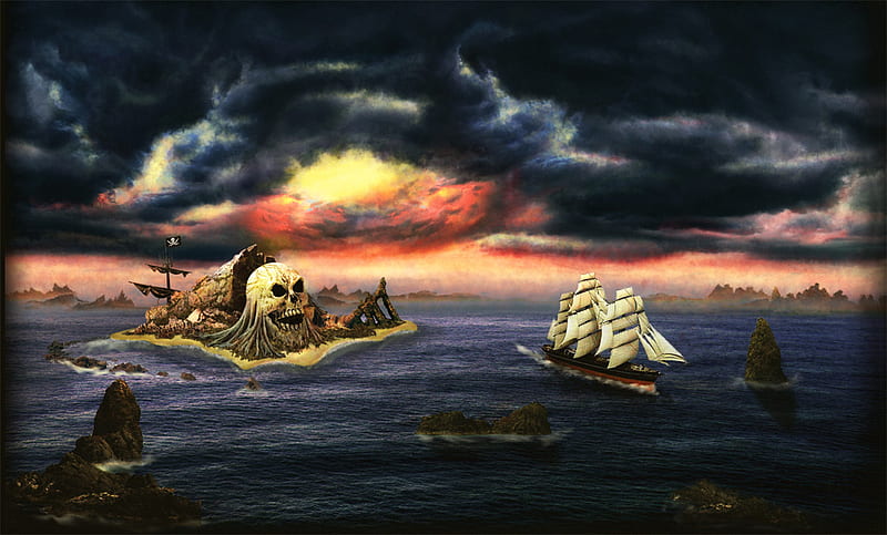 Pirate's island, ships, rocks, abstract, sky, clouds, pirate, sea, fantasy, island, HD wallpaper