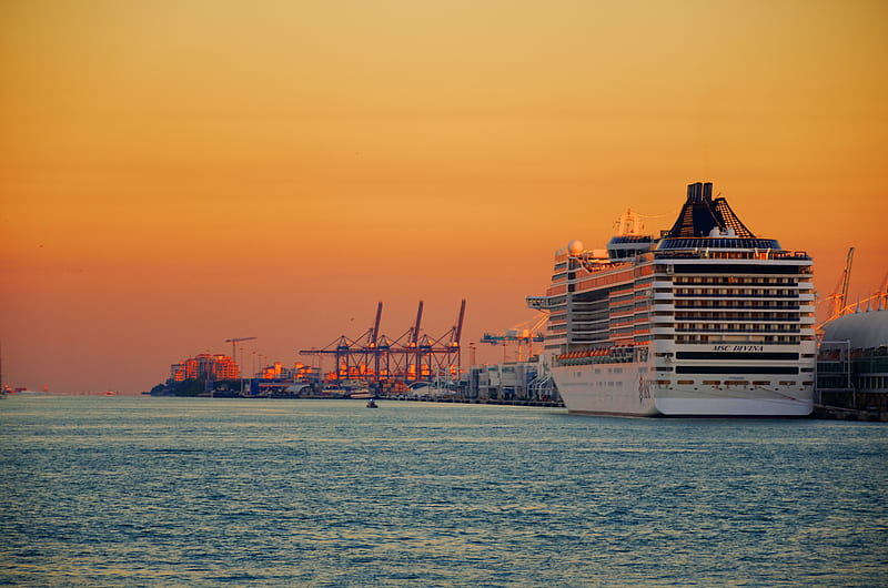 ship, liner, sea, port, sunset, HD wallpaper