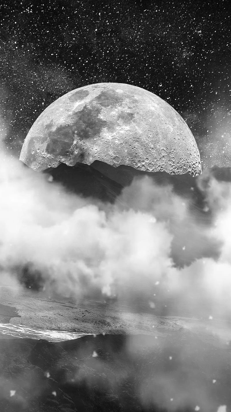 moon clouds, DARK, black and white, night, sky, smoke, stars, HD phone wallpaper