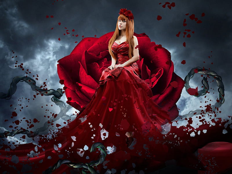 ~Love the Ephemeral~, red, colorful, bonito, digital art, woman, manipulation, emotional, people, love, ephemeral, models, colors, love four seasons, creative pre-made, roses, weird things people wear, passion, petals, lady, beloved valentines, HD wallpaper