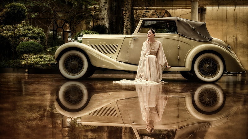 Wedding Day Reflection car, weddin, r, reflection, vintage, HD wallpaper