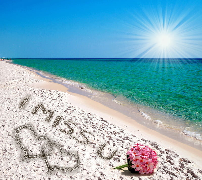 I Miss You, beach, bouquet, corazones, love, romantic, sand, sea, sunshine, HD wallpaper