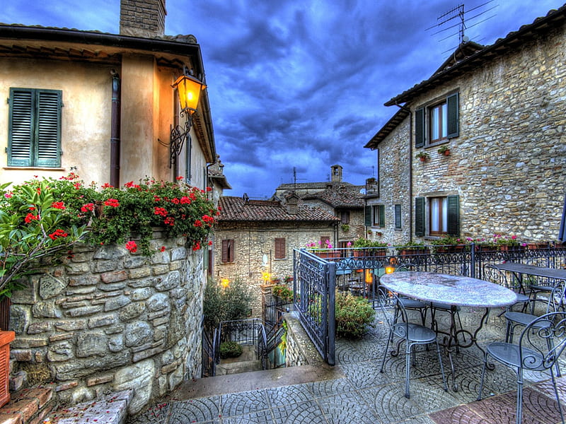 Beautiful Place, architecture, pretty, old houses, cafe, house, clouds, lights, italia, flowers, beauty, chair, evening, italy, table, lovely, lanterns, romance, houses, town, buildings, sky, storm, building, colorful, lantern, stairs, bonito, coffee table, stormy, cobblestone, chairs, street, romantic, view, colors, terrace, peaceful, nature, HD wallpaper