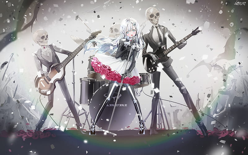 anime rock band, skeleton members, girl, lolita, gothic, drums, guitar, Anime, HD wallpaper