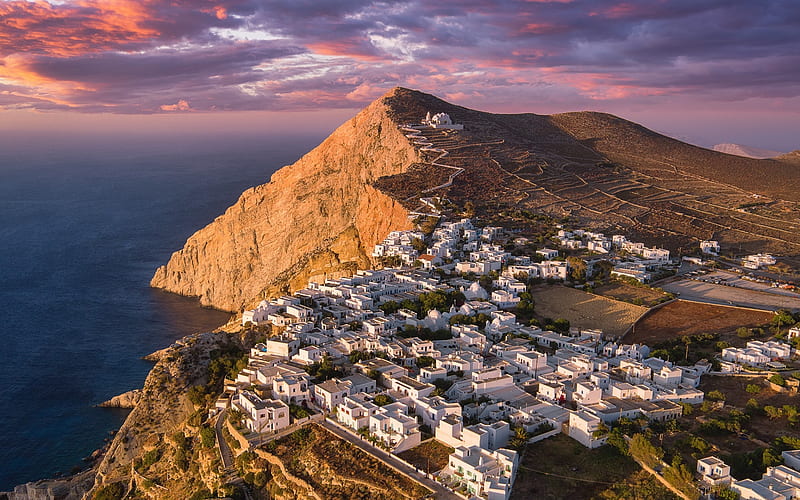 Folegandros Island, Greece, island, Greece, sea, village, clouds, coast, HD wallpaper