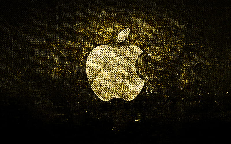 Apple yellow logo, yellow fabric background, Apple, creative, Apple denim logo, grunge art, Apple logo, HD wallpaper