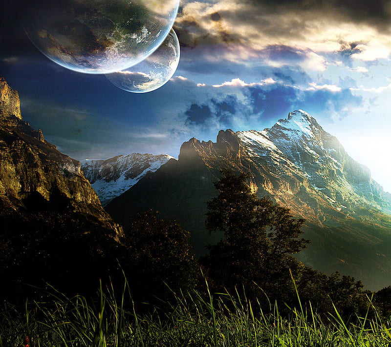 Planets N, fantasy, mountain, nature, peak, planet, HD wallpaper