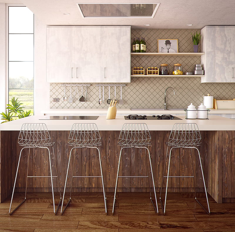 Four Gray Bar Stools in Front of Kitchen Countertop, HD wallpaper