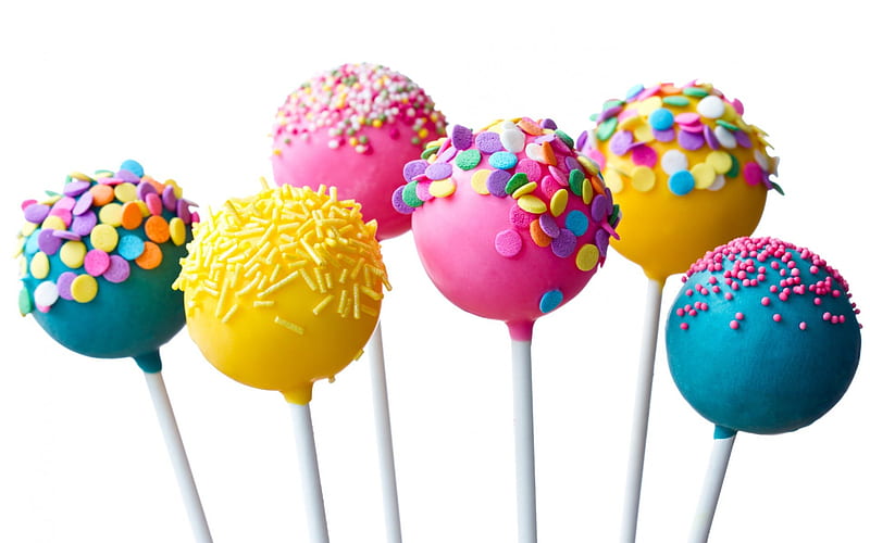 Cake Pops, cake, sprinkles, colourful, yellow, sweet, dessert, pops, pink, blue, HD wallpaper