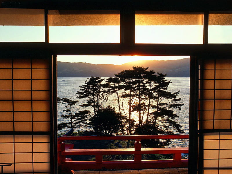 View from my window (Kinkazan Island, Japan), kinkazan, japan, window, island, trees, lake, HD wallpaper