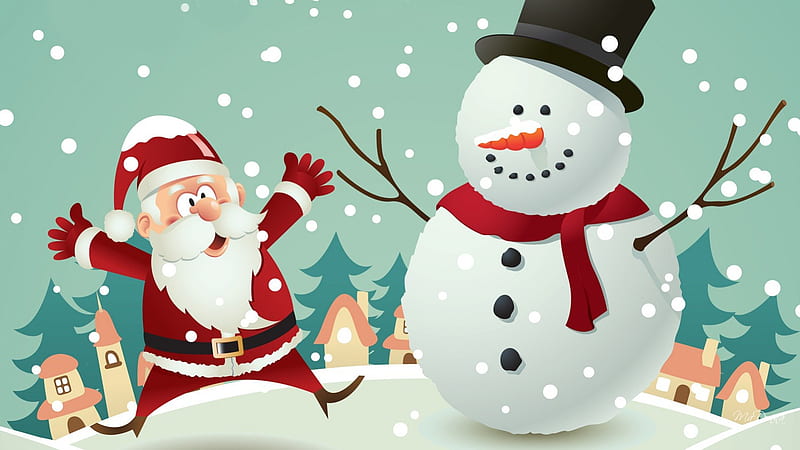 What a Big Snowman, feliz navidad, christmas, shocking, houses, st nick, snowman, santa claus, winter, whimsical, snow, village, surprise, HD wallpaper