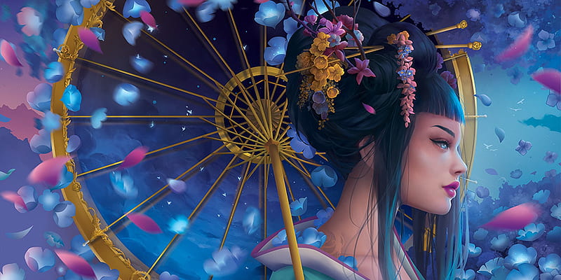 Geisha, frumusete, luminos, bianca morelos, umbrella, yellow, fantasy, girl, profile, flower, asian, petals, parasol, pink, blue, HD wallpaper
