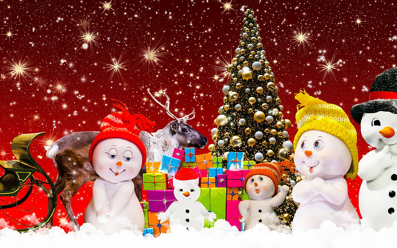 Christmas, snowmen, Happy New Year, Christmas tree, winter, snow, red background, Christmas gifts, HD wallpaper