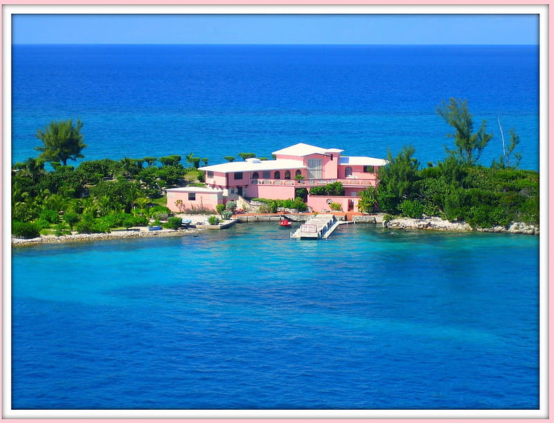Island Hotel in the Bahamas, architecture, hotels, oceans, sea, blue, poalms, HD wallpaper