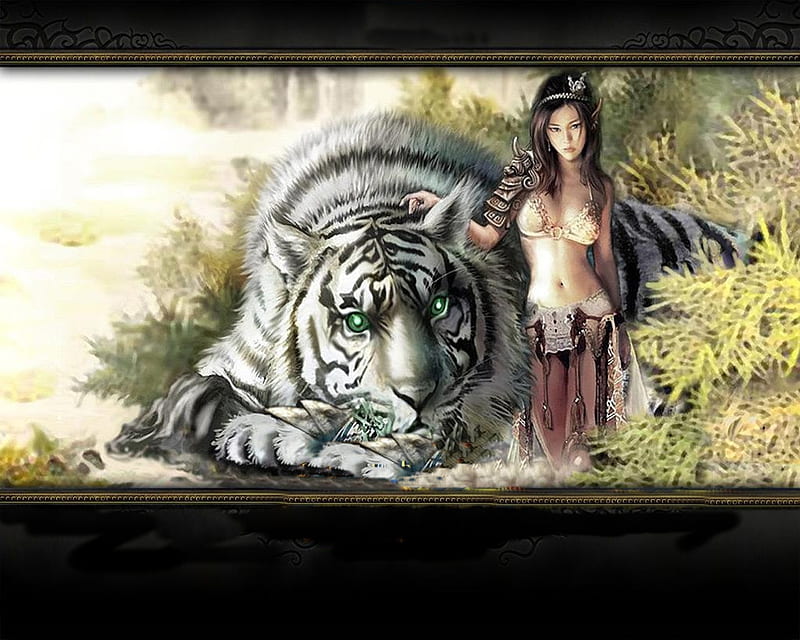 Elf Princess, white tiger, fantasy, warrior, elf, deity, princess, HD wallpaper