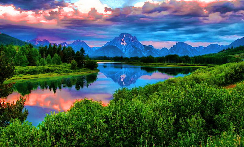 Mountain grandeur, colored clouds, green, mountains, river, morning, reflections, sky, HD wallpaper