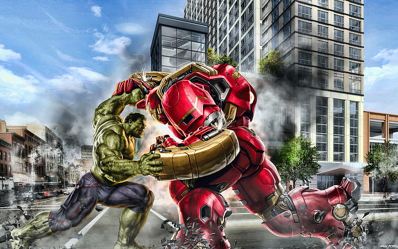 Hulkbuster vs Hulk, battle, superheroes, 3D art, Hulkbuster, Hulk, HD wallpaper
