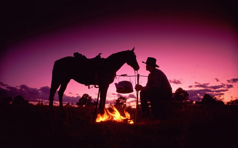 The Wild West, fire, purple, man, horse, landscape, HD wallpaper