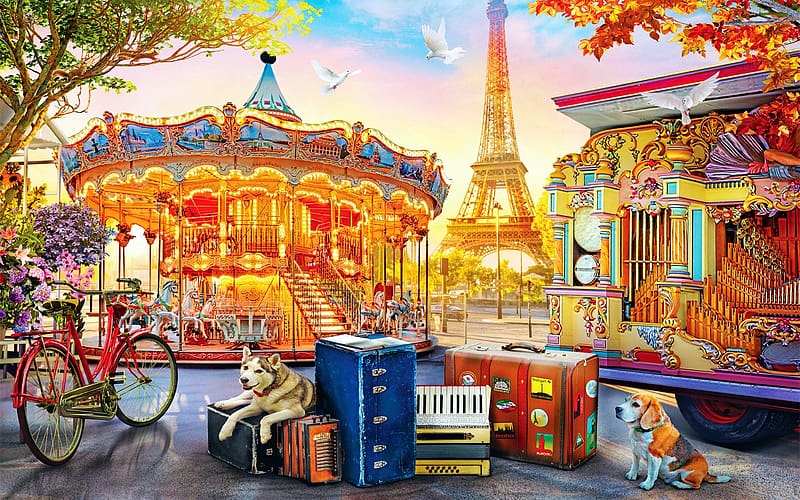 Carousel de Paris, dog, artwork, eiffel tower, painting, bicycle, HD wallpaper