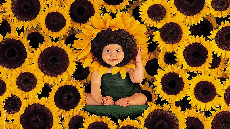 Cute Baby In The Middle Of Sunflower Wearing Green Dress With Flower Headband Cute, HD wallpaper