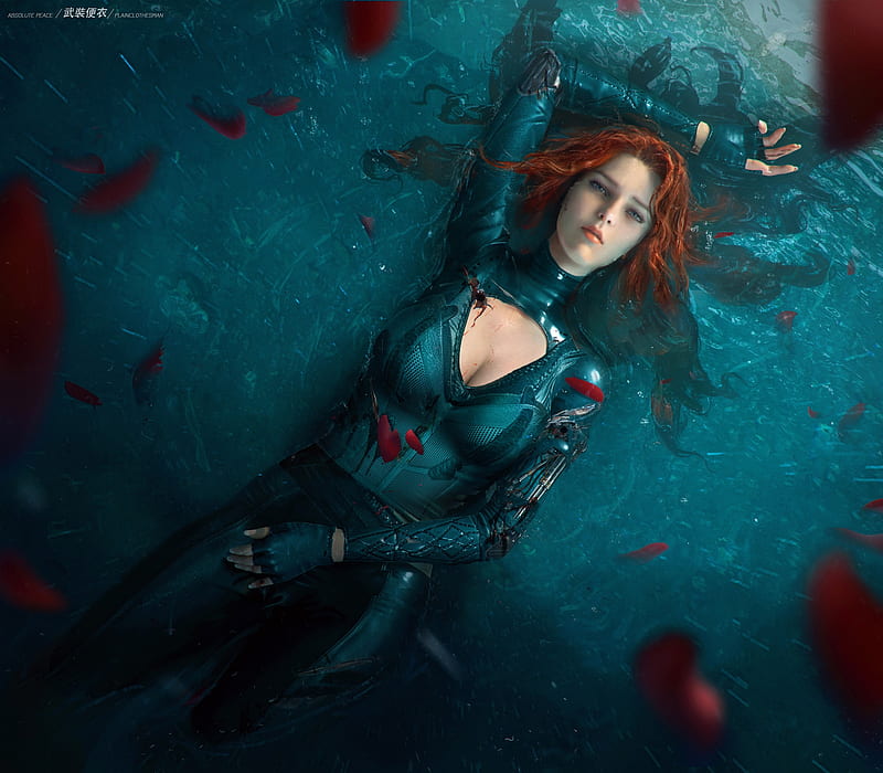 Redhead, frumusete, fantasy, water, luminos, girl, tian zi, blue, HD wallpaper