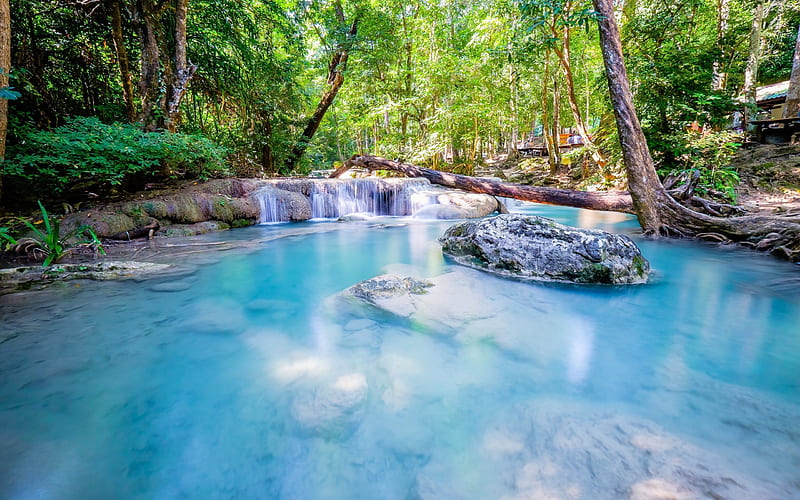 Erawan National Park, waterfalls, forest, jungle, blue water, Thailand, HD wallpaper