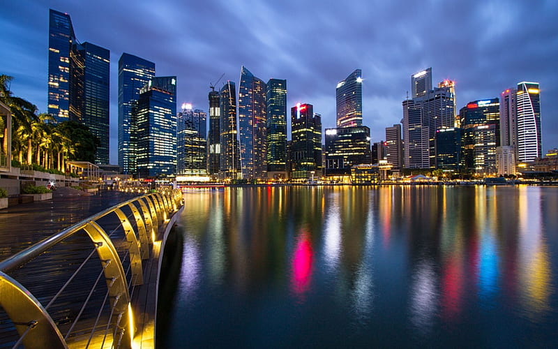 singapore nights, building, river, skyscrapper, reflection, singapore, HD wallpaper