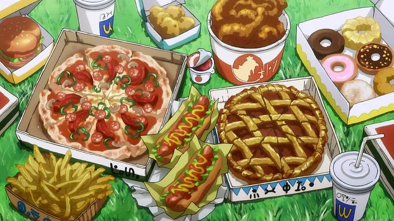 ♡ Food ♡, pretty, item, object, chicken, grass, bun, bread, objects, box, hamburger, bucket, sweet, nice, sausage, yummy, fried chicken, anime, french fries, drink, pizza, hotdog, sauce, delicious, lovely, food, items, anime food, donut, cute, kawaii, cup, field, HD wallpaper