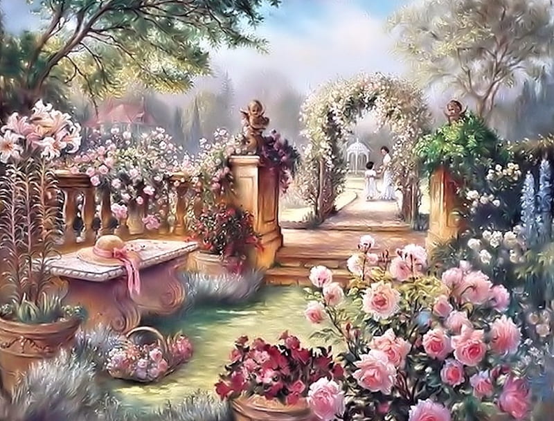 Beautiful Garden, Garden, Art, bonito, Flowers, HD wallpaper