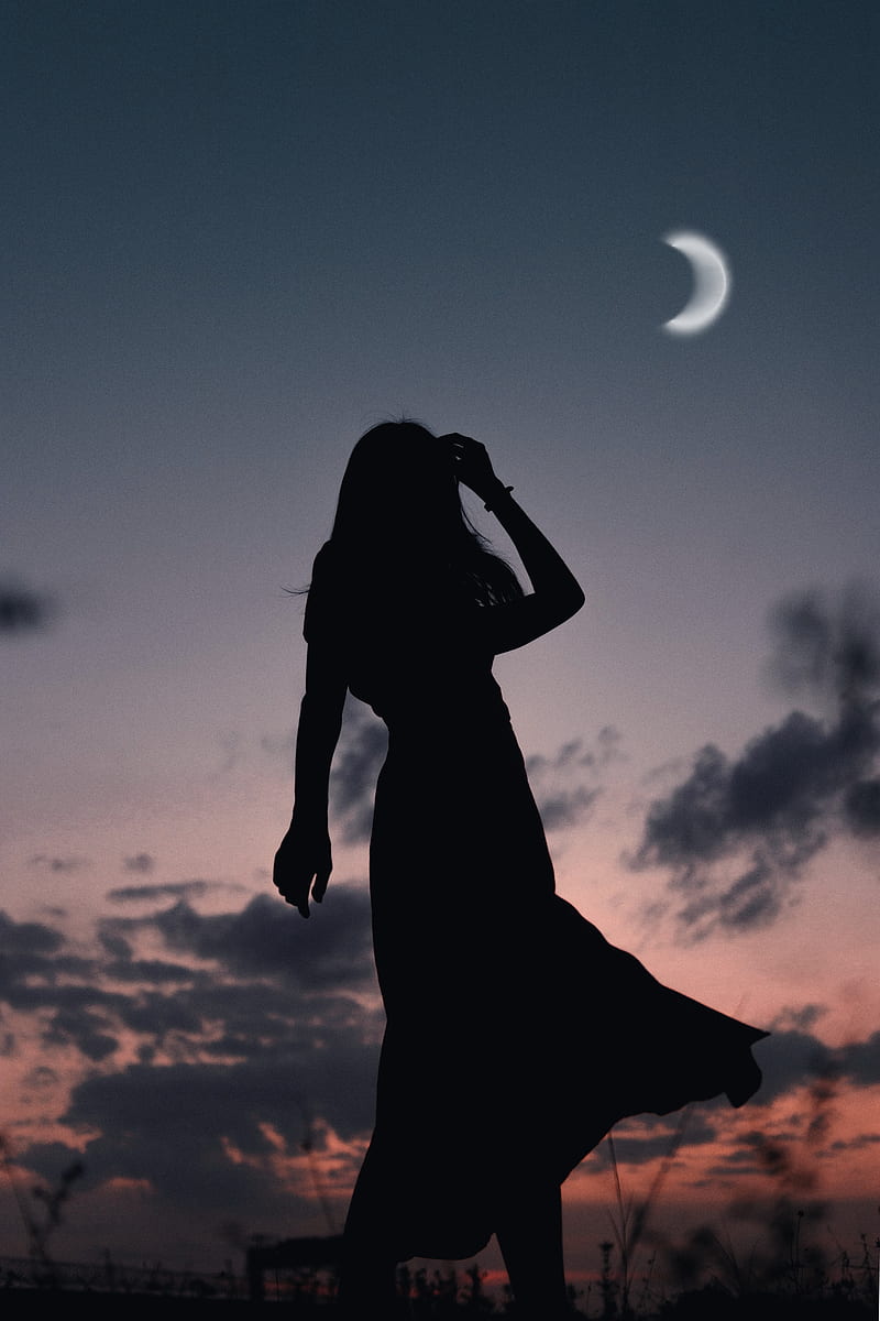 HD wallpaper Silhouette Of Girl During Evening backlit clouds crescent  moon  Wallpaper Flare