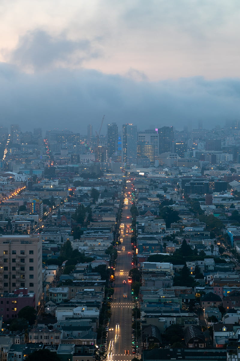 city, aerial view, buildings, street, fog, HD phone wallpaper