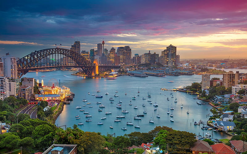 Harbour Bridge, Sydney, bay, boats, cityscape, evening, sunset, Australia, HD wallpaper