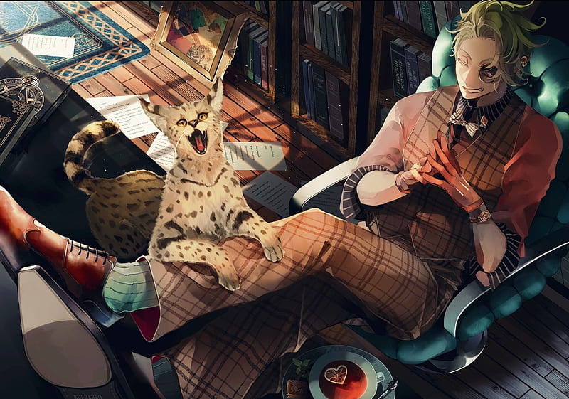 Anime man, relaxing, creepy smile, green hair, gloves, wild cat, Anime, HD  wallpaper | Peakpx