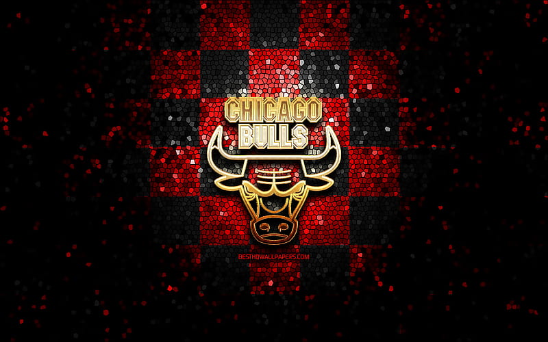 Chicago Bulls, glitter logo, NBA, red black checkered background, USA, canadian basketball team, Chicago Bulls logo, mosaic art, basketball, America, HD wallpaper
